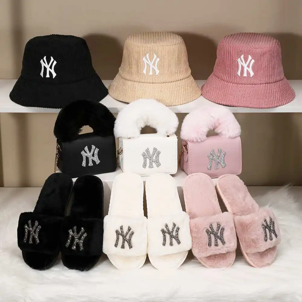 

NY 3 piece set Furry Fur Purses Women Handbags Slippers and Hat Set Women Purses Handbags for Women, Customizable