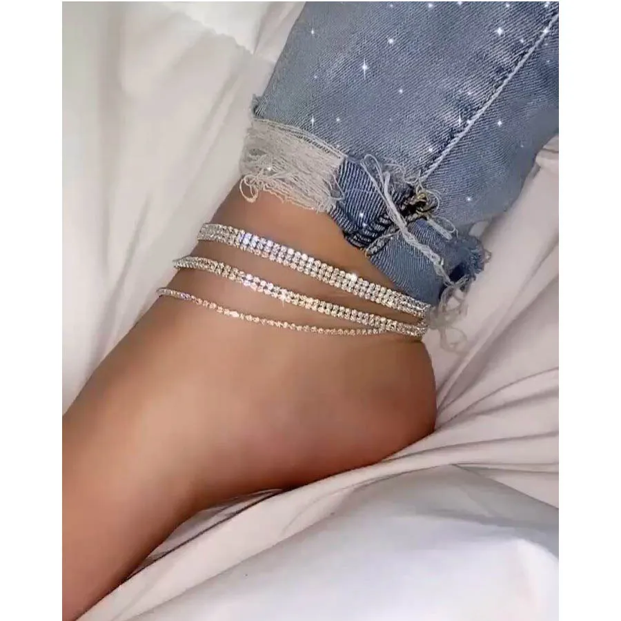 

Silver Plated Bling bling Multi Rows Layer Full Rhinestone Anklet Bracelet Crystal Layered Anklets