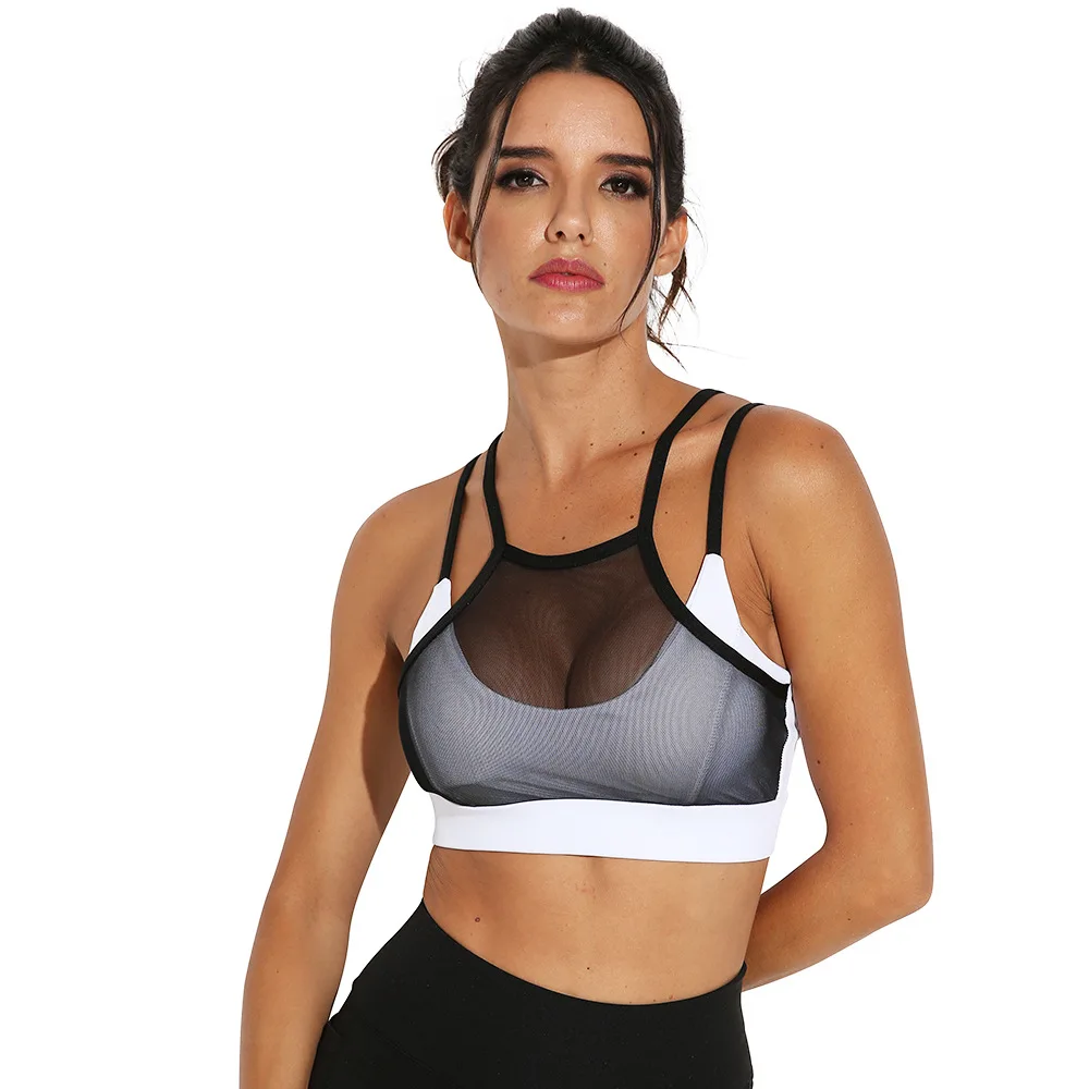 

Lovely girls lace stitching mesh sports bra black and white yoga fitness European and American style yoga vest with chest pad