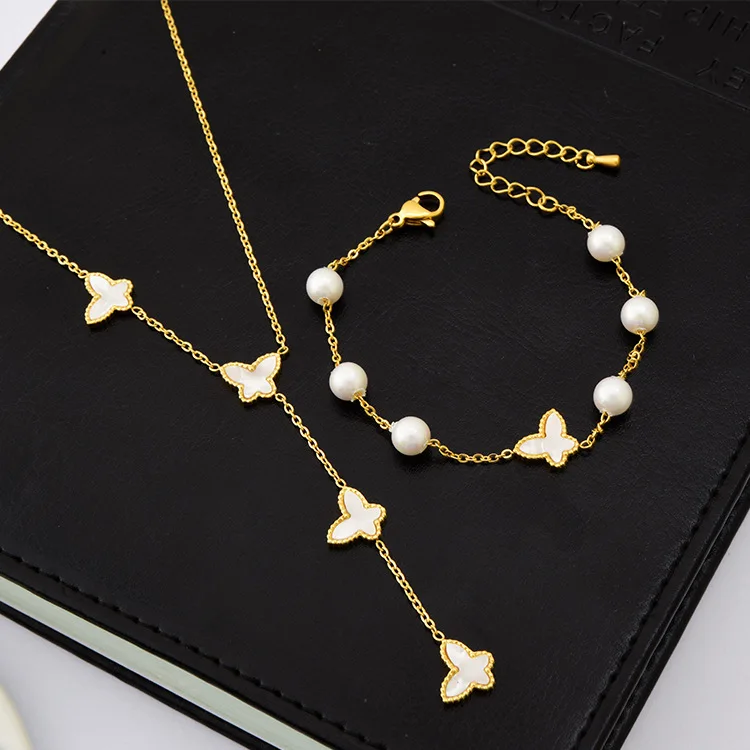 

Exquisite White Shell Butterfly Pearl Bracelet Necklace Set Color Preserving Stainless Steel Tassel Jewelry Set