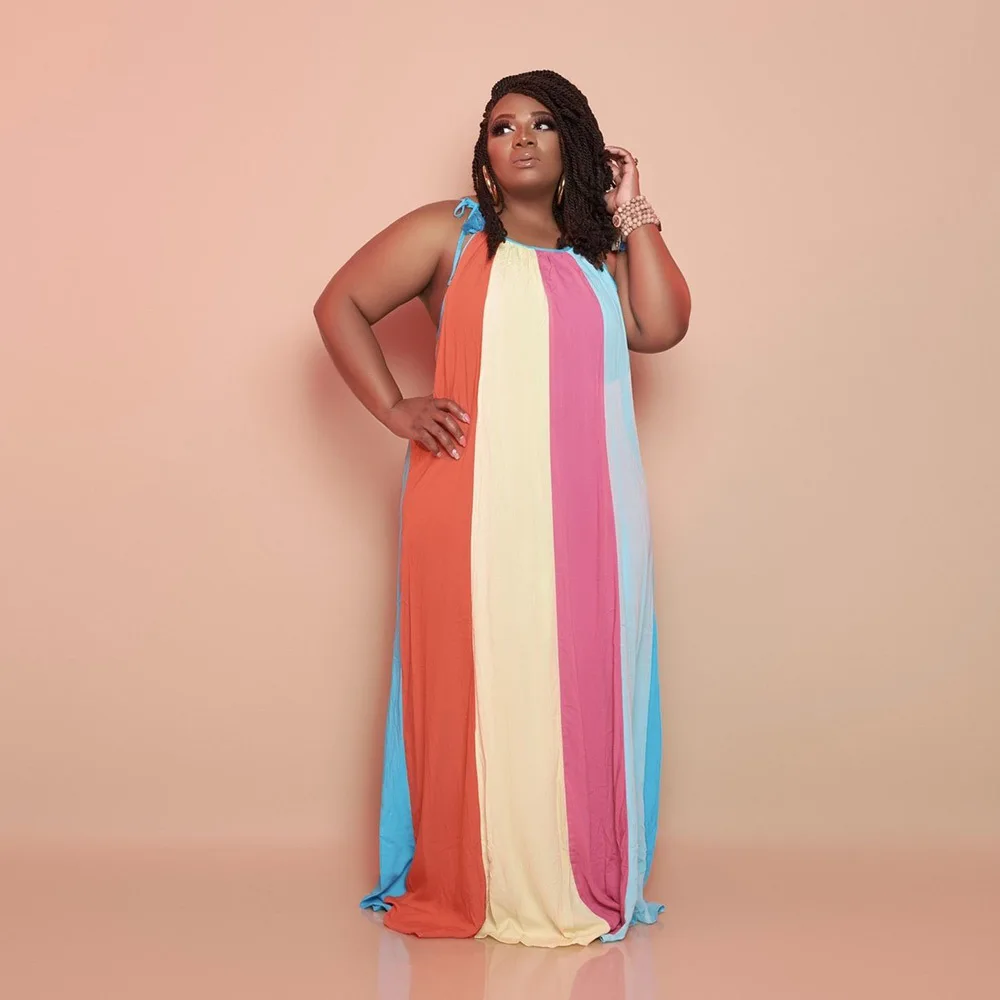 

C0017 Plus size dress women's color striped suspender dress