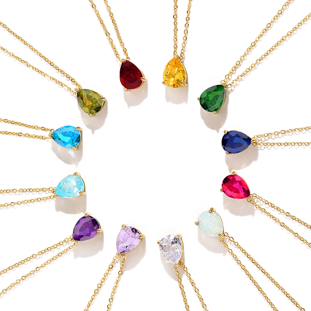 EManco Hot Sale Shiny Crystal Necklace Stainless Steel Teardrop Zirconia Pendant Women's Birthstone Collarbone Chain Wholesale
