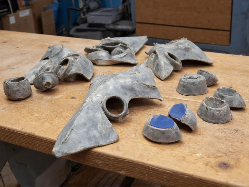 Recycled plastic armor pieces arranged on wooden workbench