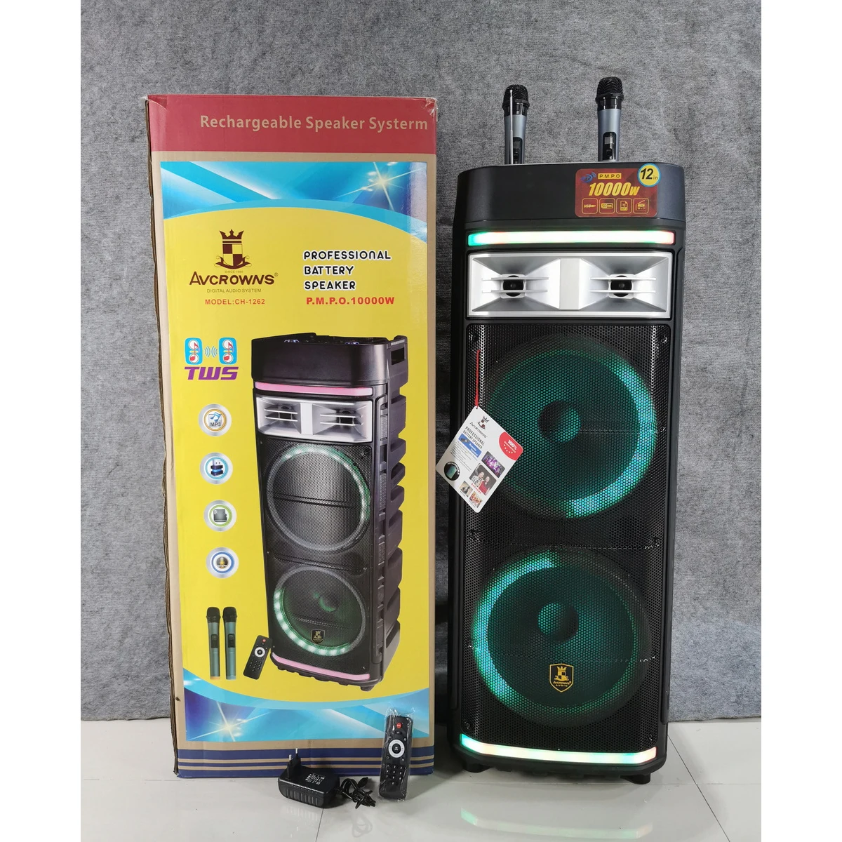 

CH-1262 Hot Sale Speaker KIMISO Double 12 Inch Horn Big TWS Subwoofer Speaker With Ring RGB Lights, Black