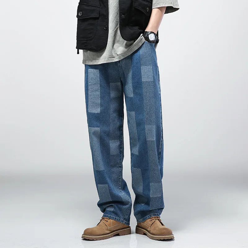 

Jacquard jeans men's trend fall wide-leg loose straight-leg cashew casual daddy pants