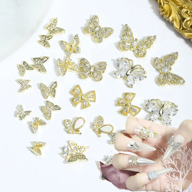 

New 3D Glitter Rhinestone Luxury Nail Alloy Art Charms Beautiful Girls Gem Designs Nail Press On Tips Butterfly Nail Charms