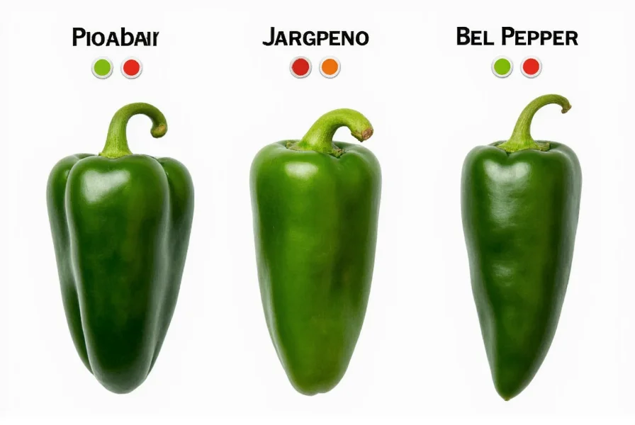 Side-by-side comparison of poblano, jalapeno, and bell peppers with heat level indicators