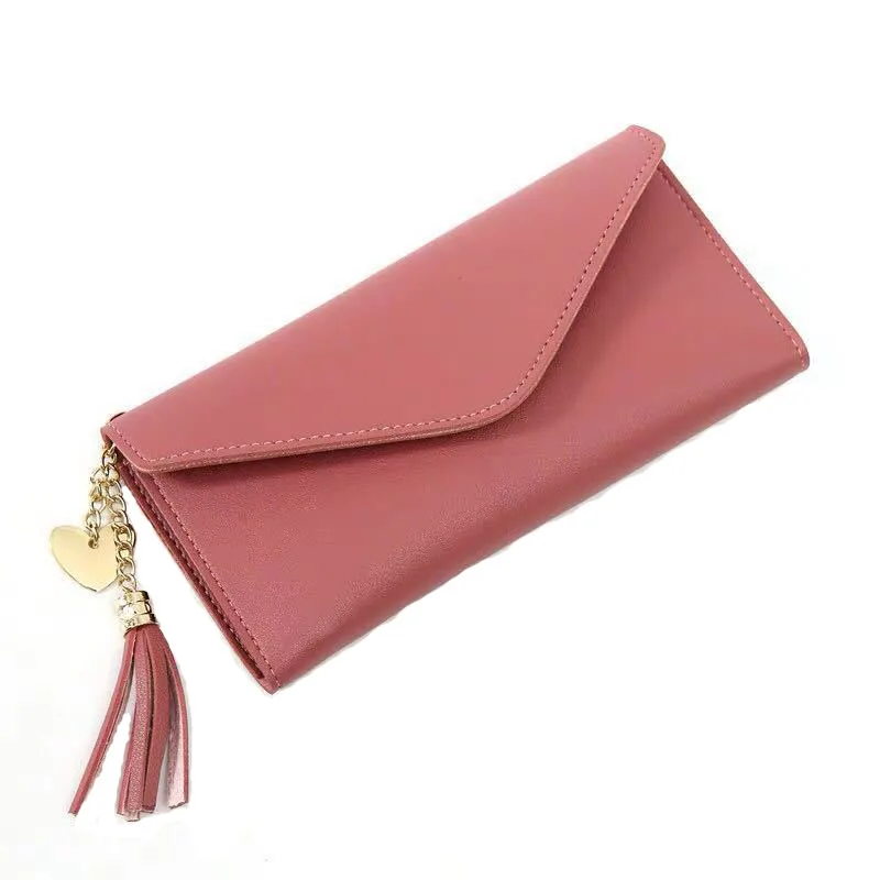 

New Fashion Heart Shaped Pendant Tassel Simple Fashion Multifunctional PU Three Fold Ladies Purse Wallets Leather Women