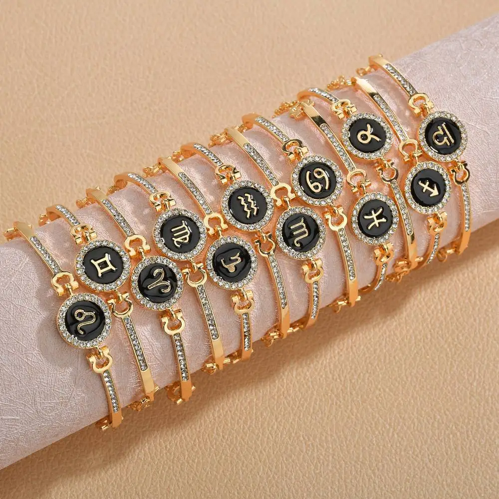 

New Design Gold Plated Tennis Chain Zodiac Sign Bracelet Enamel Constelations Crystal Round Astrology Horoscope CZ Bracelet