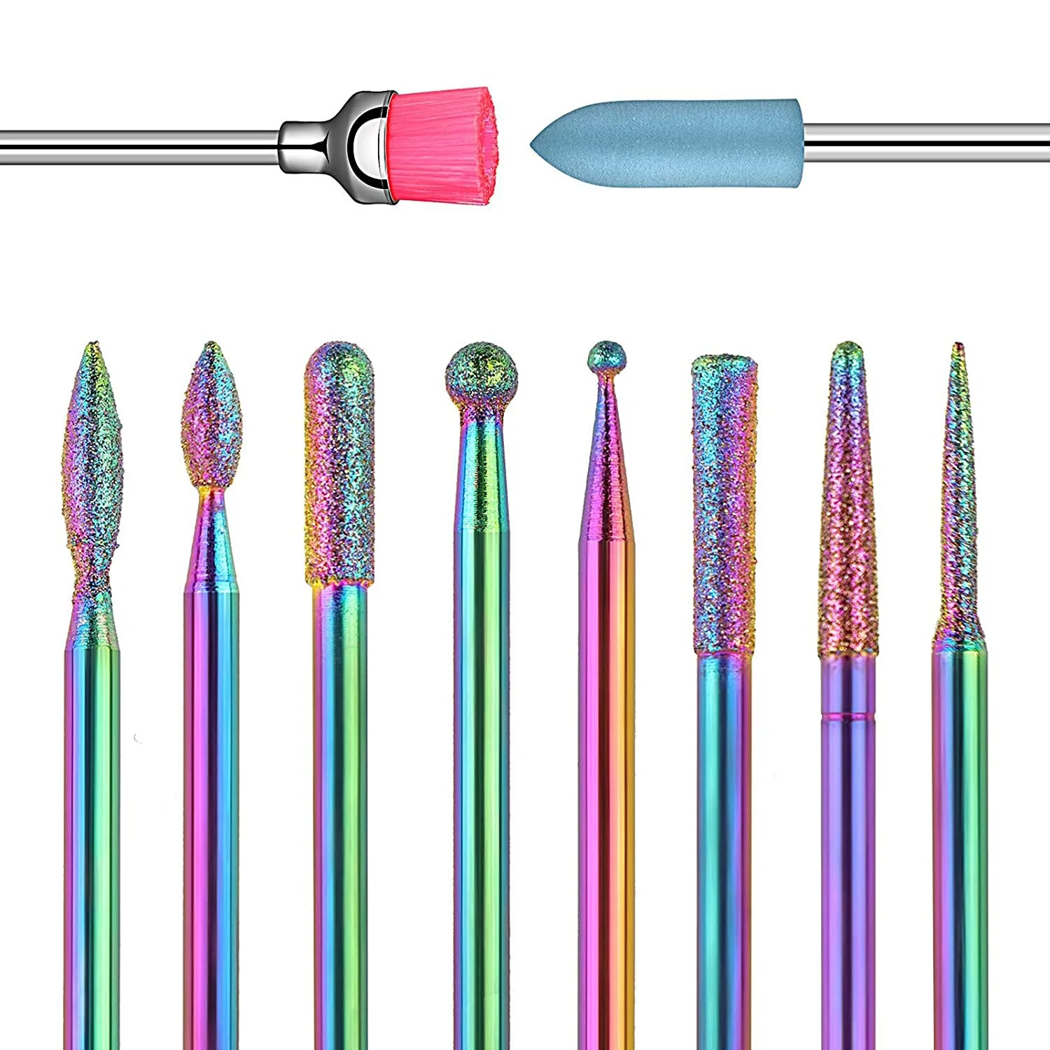 

10pcs Rainbow Diamond Nail Drill Bit Set 3/32" Rotary Cuticle Clean Manicure Electric Drill Accessories Nail Burr Tools