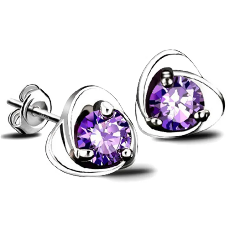 

2019 High Quality Lady Elegant Ear Ring Silver Color Cute Heart Shape Zircon Women Studs Earring, Silver,purple
