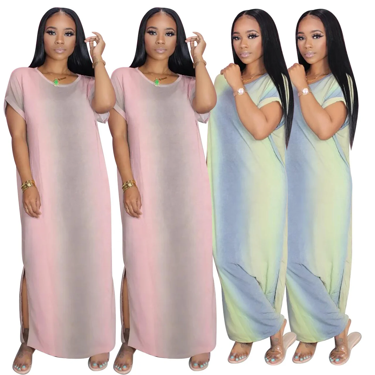 

MT16-601 2020 Summer Fashion Women Dress Stripe Gradients O-Neck Short Sleeve Sexy Dress New Style Casual Dress