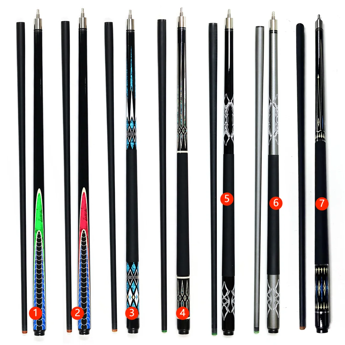 Superior Assorted Colors Carbon Fiber 1/2 Jointed 57inch 12.5mm Tip Billiard Pool Cue
