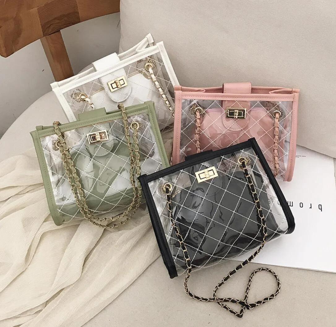 

Wholesale 2pcs set transparent pvc clear purse jelly bag waterproof shoulder crossbody beach bag with cosmetic bag, As the pictures shown