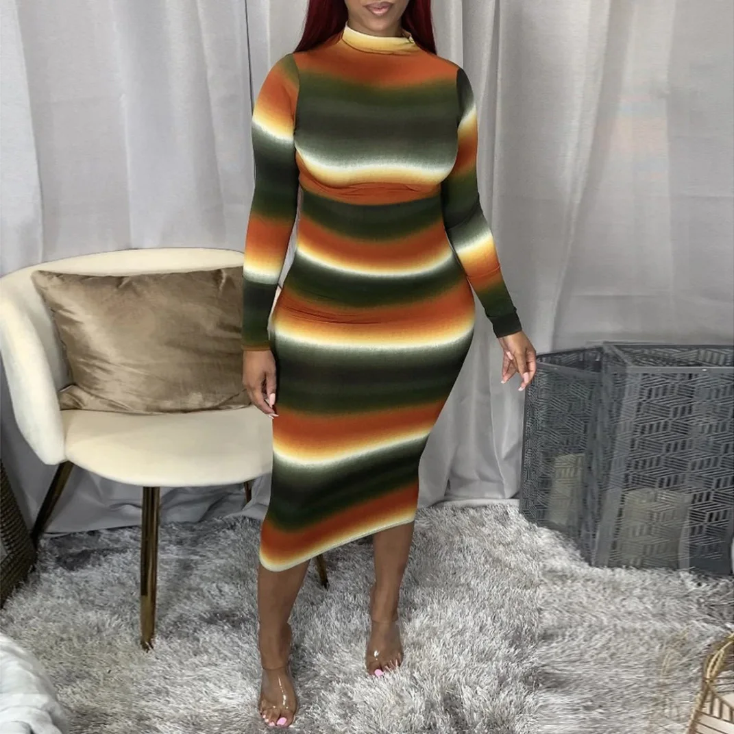 

Wholesale Women's Stripe Bodycon Dress Long Sleeve Crop Top Women Long Line Dress, Customized color/as show
