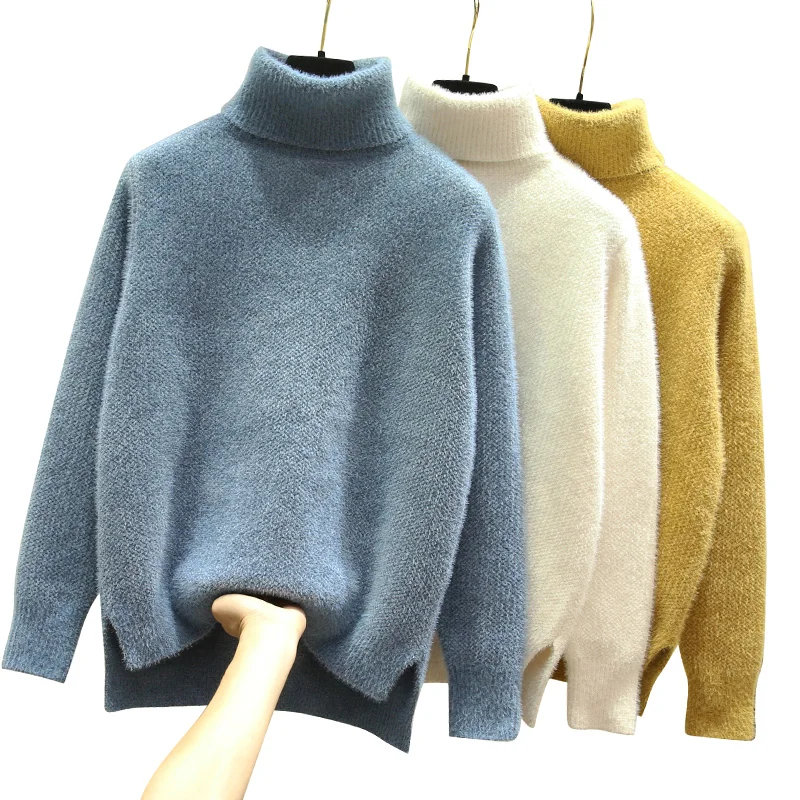 

2020 Women Winter High Collar Patchwork Long Sleeve Loose Pullover Sweater