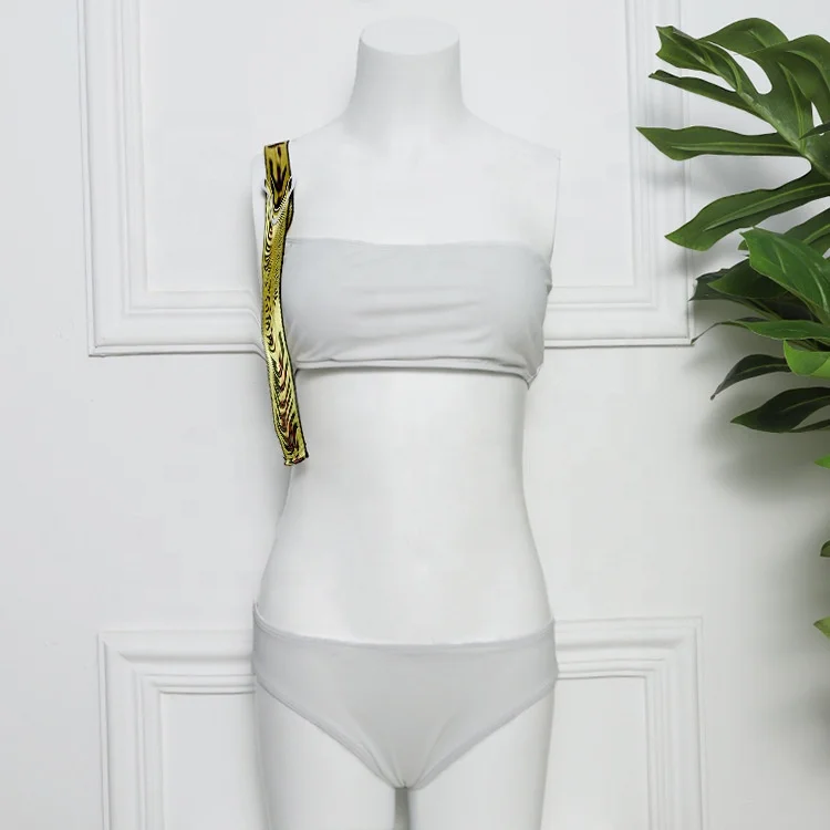 

Women's One-Shoulder Split Bikini Letter Print Halter Swimsuit For Ladies Black White Elastic Bathing Suit, Shown