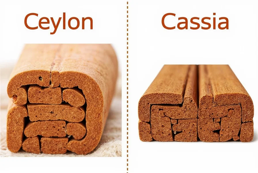 Visual comparison of Ceylon cinnamon sticks versus Cassia cinnamon sticks showing the layered structure of Ceylon and single-layer thickness of Cassia