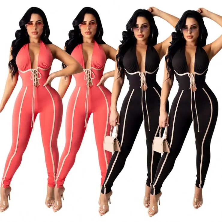 

D97149 New Arrival 2021 summer Halter deep v neck Sexy backless Jumpsuit Women One Piece Jumpsuits And Rompers