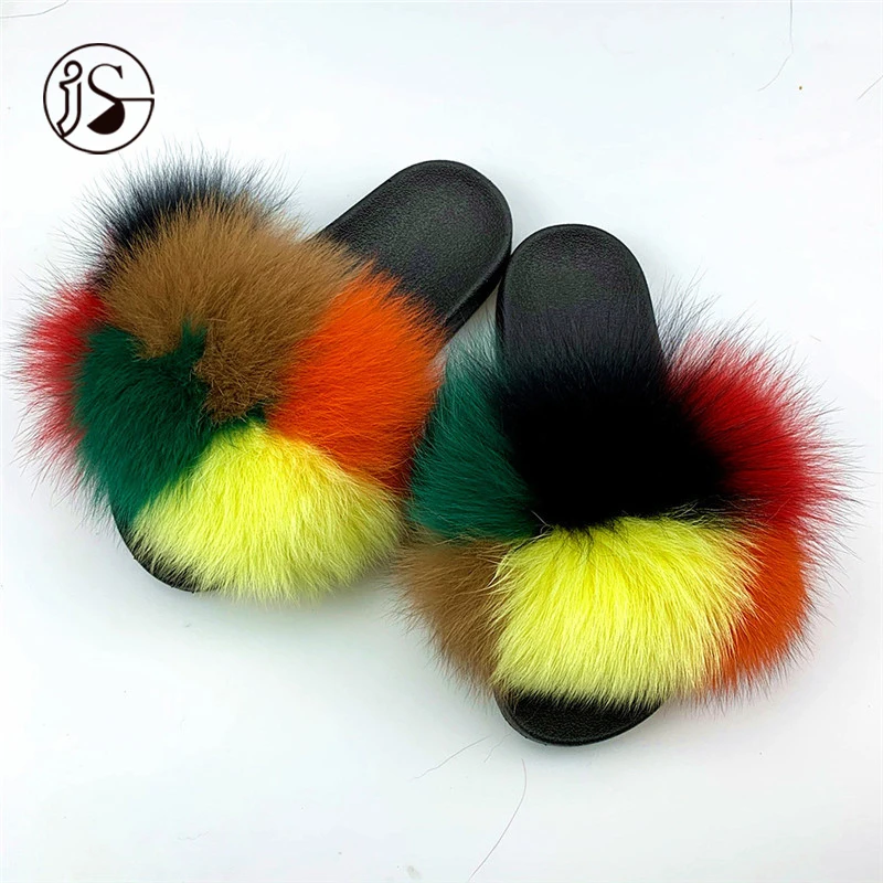 

New design fur slippers Plush household slippers colorful fur slides fluffy fashion lady fox slippers, Picture