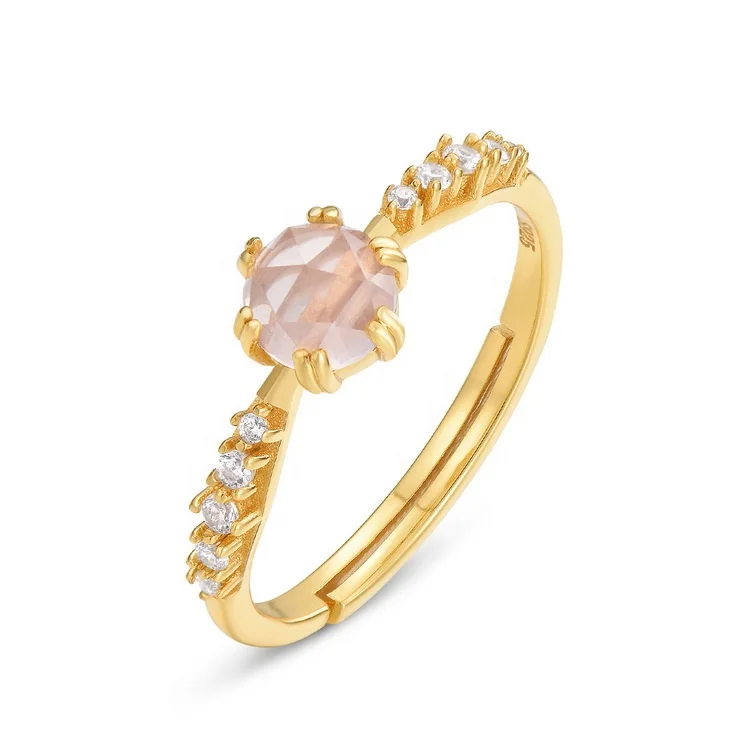 

Natural rose quartz gold plated ring 5a white cubic zirconia 925 sterling silver fashionable dainty ring