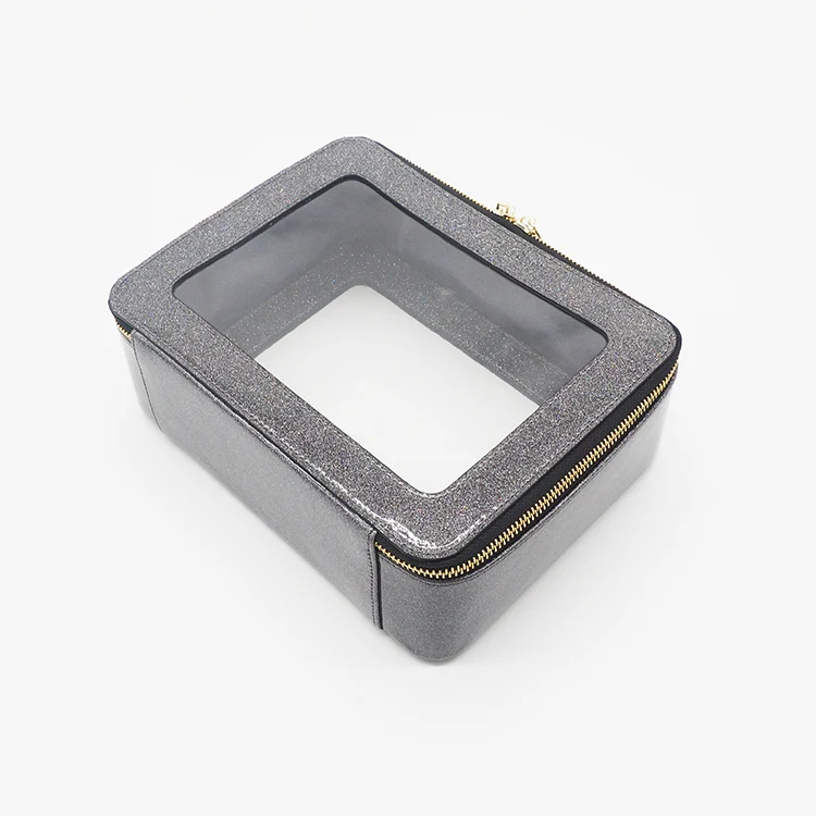 

Shiny Grey PU Leather Toilet Bag Custom Travel Clear TPU Makeup Cosmetic Bag Private Label Waterproof, Customized