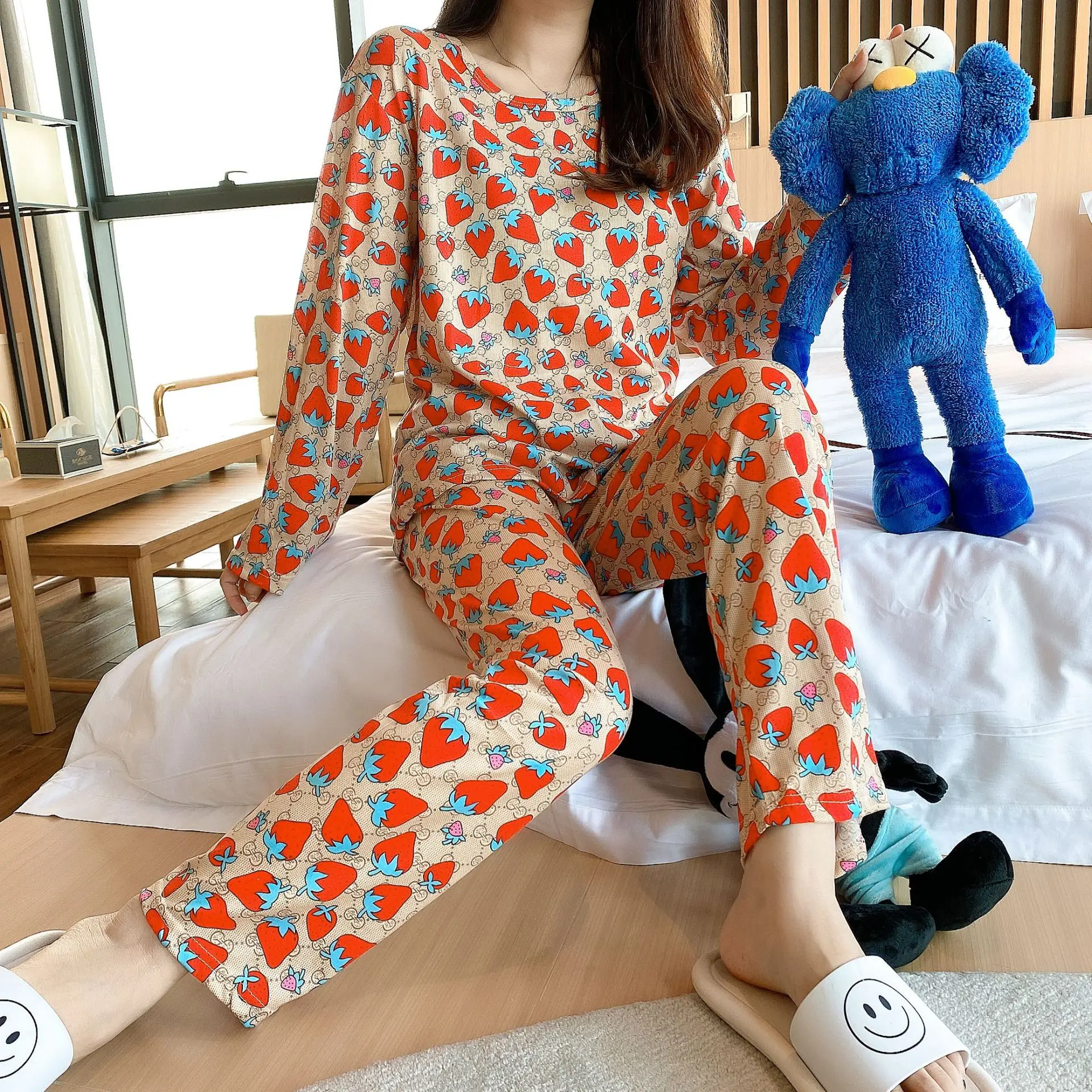 

Summer Milk Silk Sleepwear Skirt Round Neck Cartoon Cute Printing Women Long Sleeve Pajamas