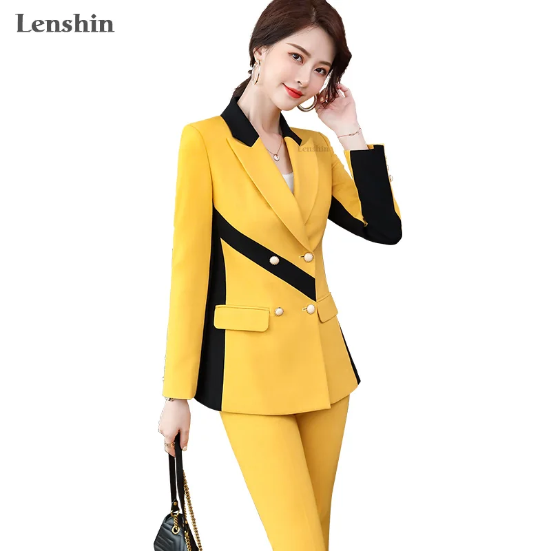 

High Street Fashion Style 2 Piece Suit Set for Women Contrast Pant Suits Business Office Lady Work Wear Blazer with Trouser, Yellow, purple, pink