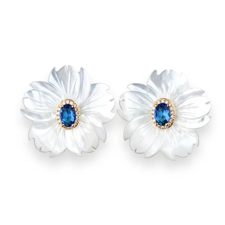 

Ocean Shell Flower Earrings Gold Plated Geometric Brass With Rainbow Cz stud hoop Earrings, Multi