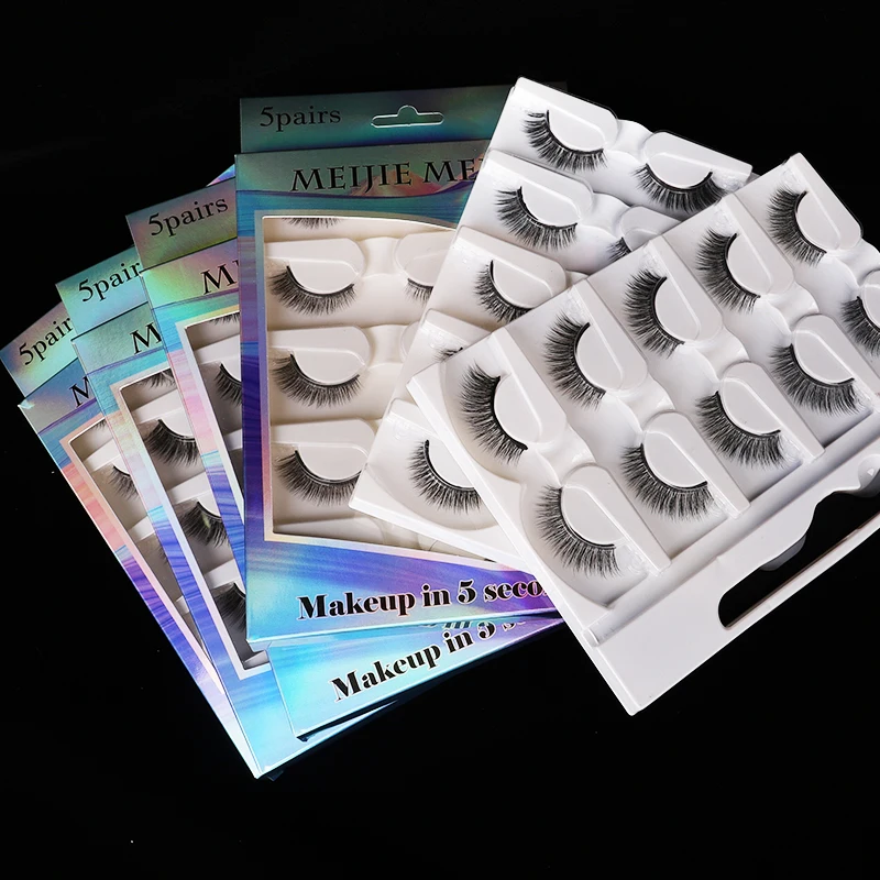 

Lazy eyelashes glue-free self-adhesive 5 pairs of eyelashes handmade fiber eyelashes packaging box custom supplier, Black