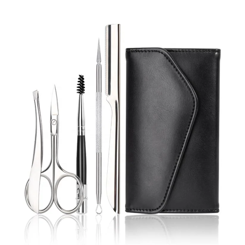 

New Arrival High Quality Silver Eyebrow Tweezers Scissors 5pcs Eyebrow Tool Set with PU bag, Black