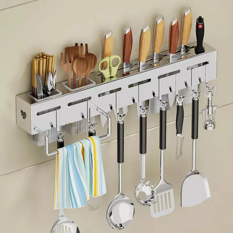 

Kitchen Wall Mount Hanging Knife Holder Rack Organizer Shelf Utensil Storage Counter Shelves With Hooks
