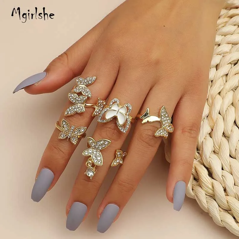 

Mgirlshe Women Dainty Gold Ring Set Rhinestone Butterfly White Gem Stone Knuckle Ring Set Gift For Her Cute Ring Set Women Girls