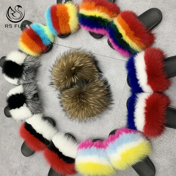 

Wholesale 1 pair custom logo fluffy real fox raccoon fur slipper furry fur slides for women, Pink,yellow,white,black,green,or custom
