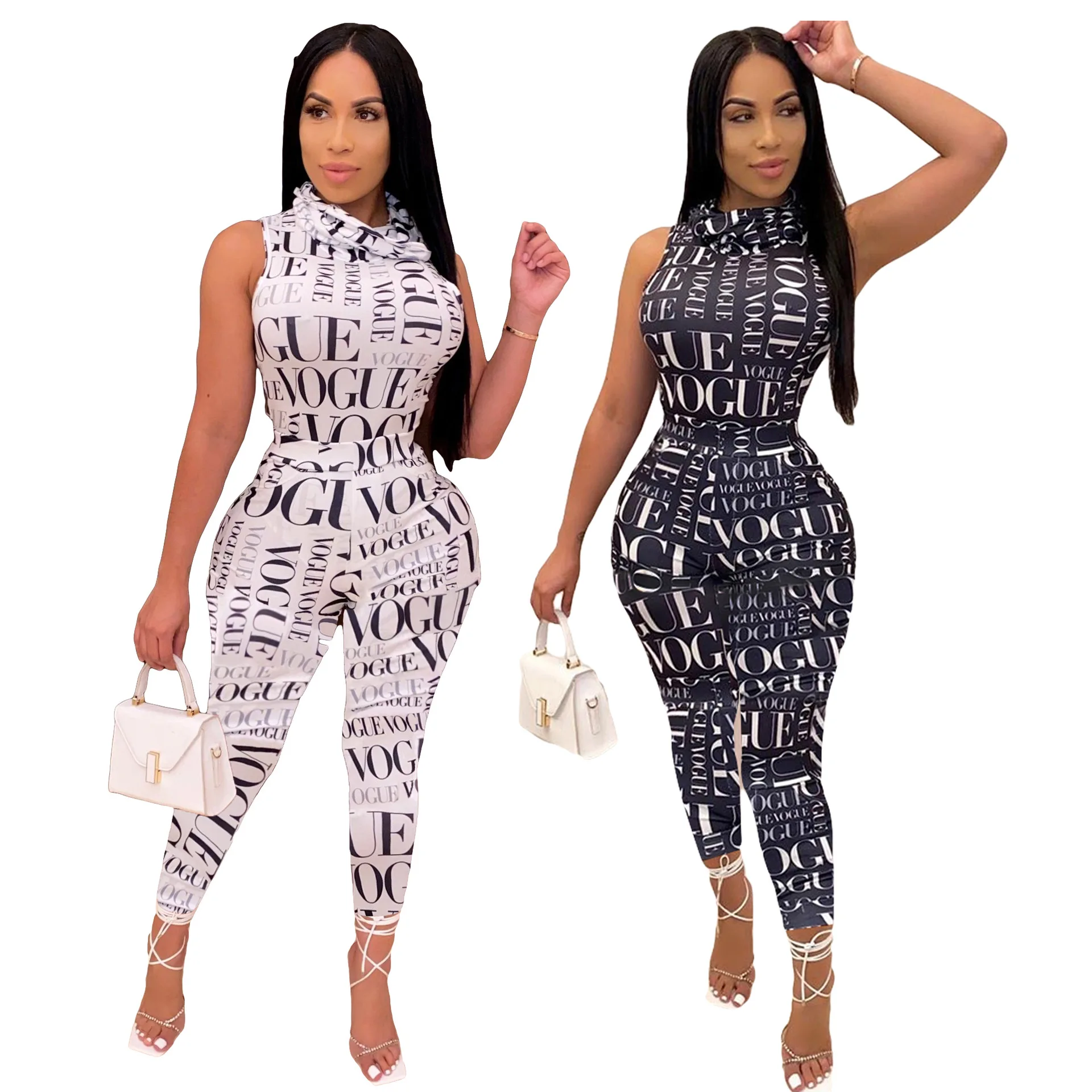 

European and American fashion high collar letter printing two-piece suit