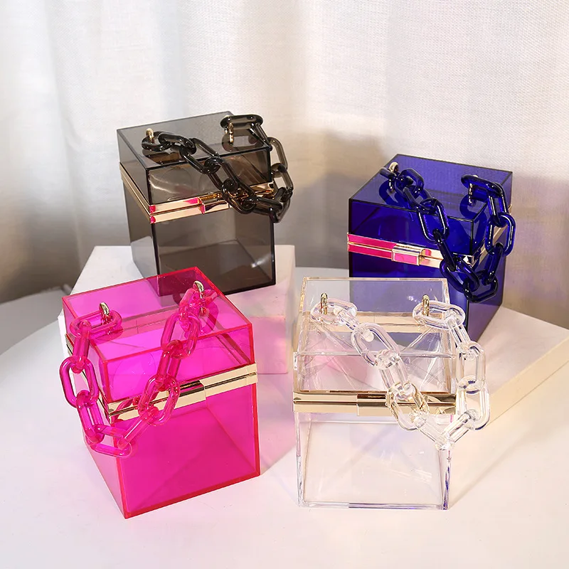 

Wholesale Fashion new chain cosmetics transparent box clutch clear acrylic square evening bag, Mix colors