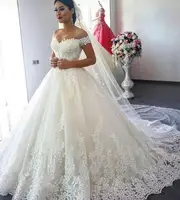 

Customize 2019 Princess Cap sleeve Pure white ivory Wedding Dress Ball Gown Off Shoulder Applique Lace Bride Dress Bridal Gown