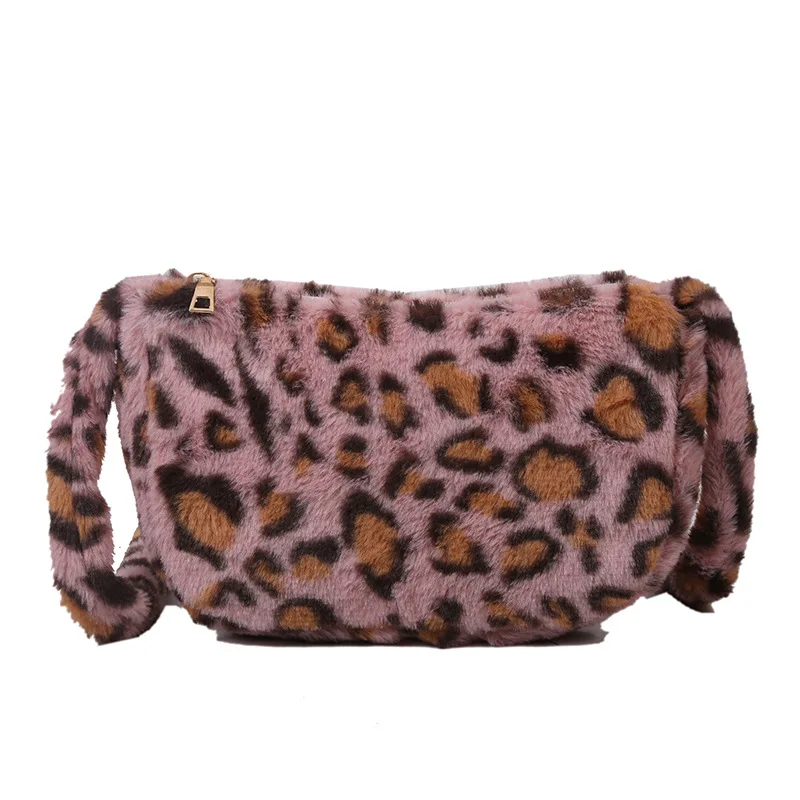 

2020 Ladies New Style Leopard Pattern sling bag Very Soft Faux Fur Bags, Pink/brown/can be customized