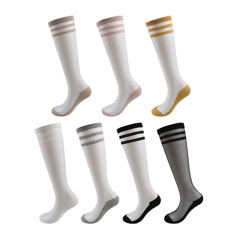

Fashion stripes transparent women summer girls knee high silk socks, 7 colors