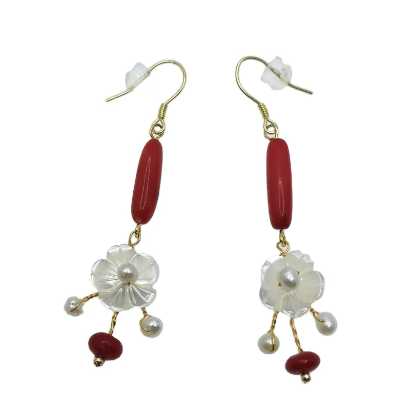 

E497 Morden Style Rose Mother of Pearl Flower Coral S925 Silver Hooks Natural Woman Pearl Earring