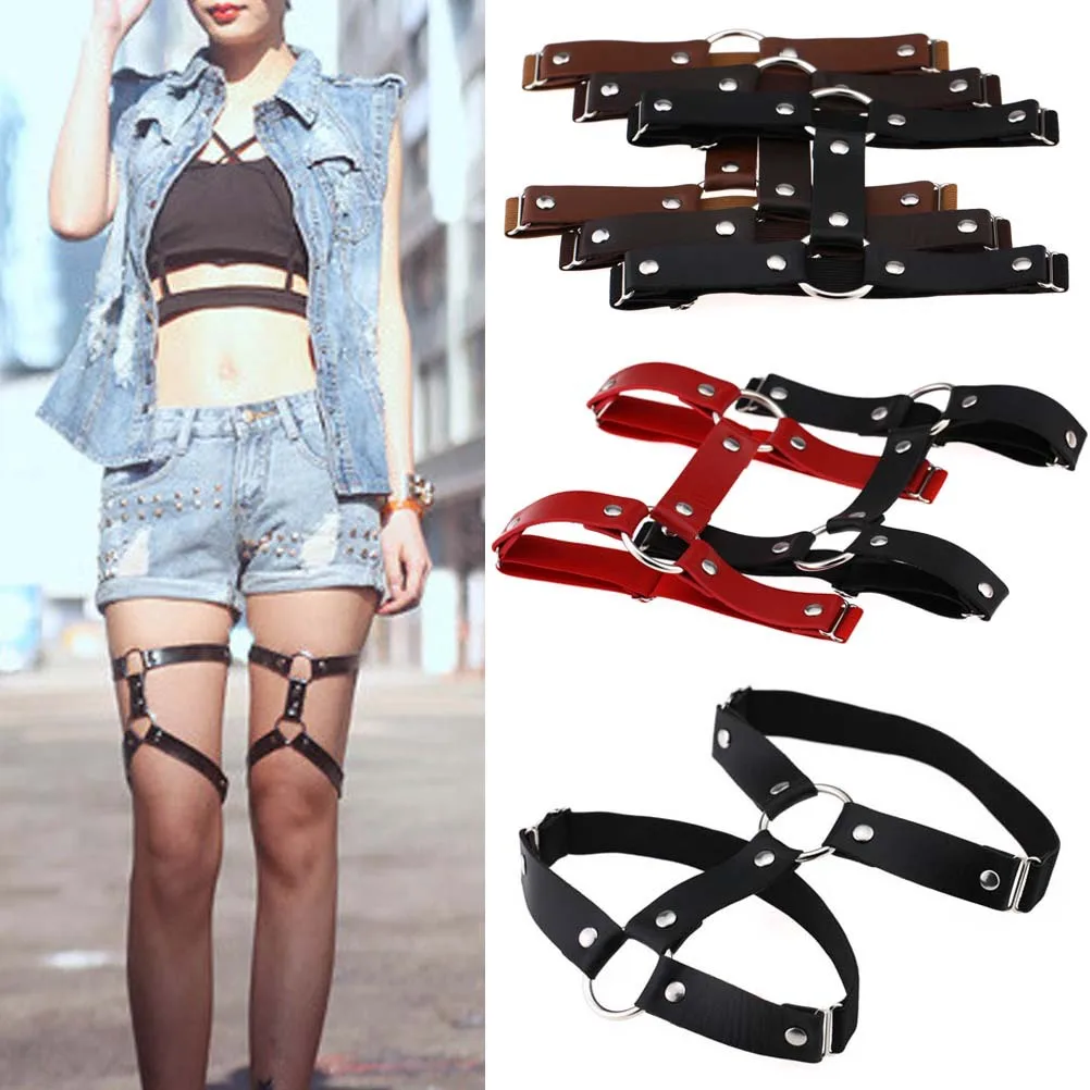 

PU Leather Garter Women Punk Heart Leg Harness Bondage Belts Harajuku Elasticity Body Harness Tight Suspender Strap Belt, 16 colors