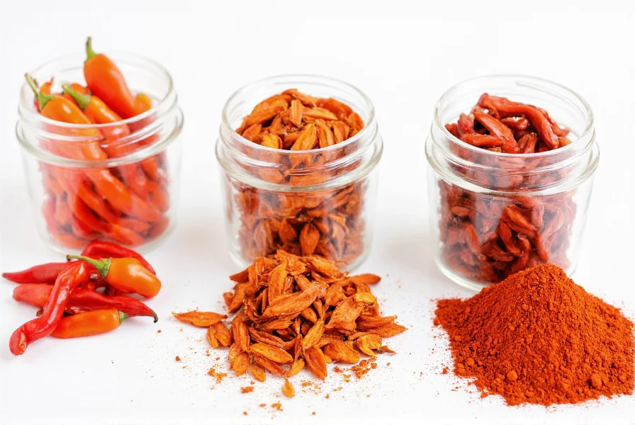 Comparison of fresh pimiento peppers, dried pimientos, and finished paprika powder in glass containers showing the transformation process