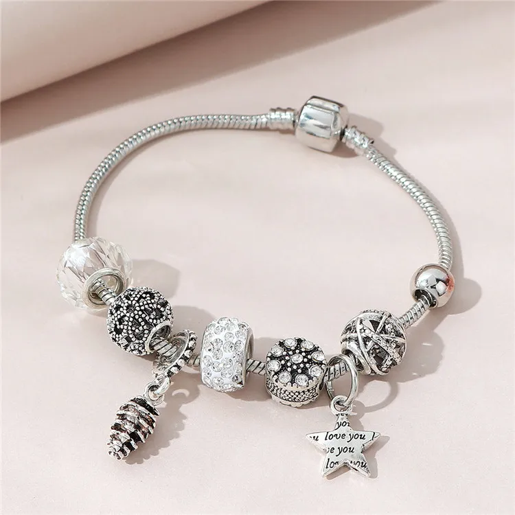 

Crystal Glass Pine Cones Star Charm Bracelet Snake Chain Charm Silver Bead Bracelets, Picture