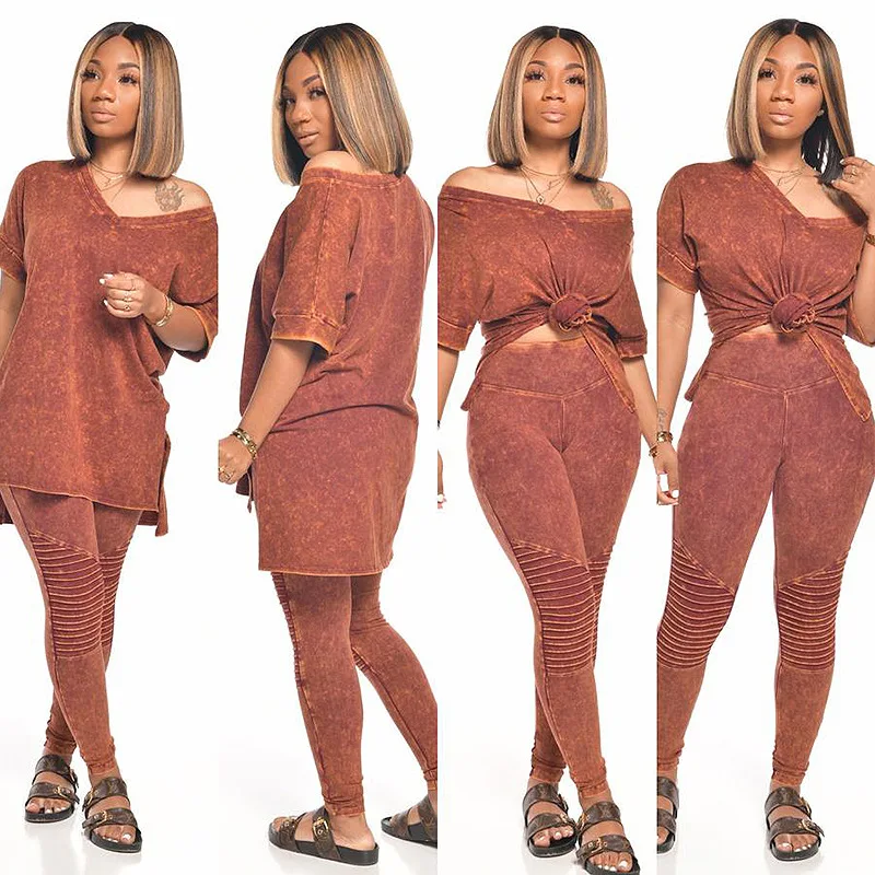 

Two piece V-neck short sleeve split embossed shirt and pants