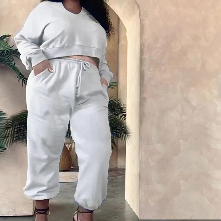 

Solid Plus Size Two Pieces Pants Set Gym Wear Outfits Women Two Pieces Plus Size Pants Set -HY, Gray