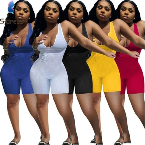 

Summer 2021 Solid Color Sleeveless Knit Rib Short Rompers Womens Summer Bodycon Bandage Jumpsuits