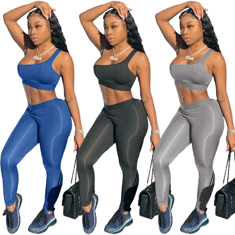 

L07296 One Shoulder Crop Tops Skinny Pants Summer Women Yoga Two Piece Set Trendy Lady Gym Fitness Tracksuit