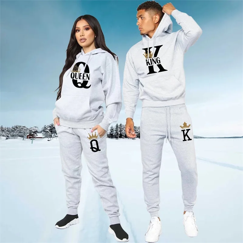 

New men's hoodie KING QUEEN loose casual hooded print men's and women's suit