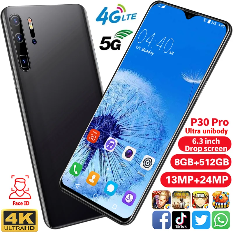

P30 Pro 6.3 inch Android 10.0 Smartphone Face/Fingerprint Unlock 6gb 128GB mtk6592 mtk 6577 dual core unlocked android phone
