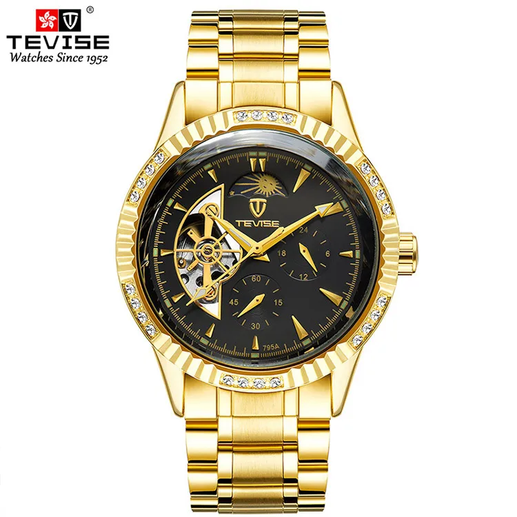 

High Quality Brand Men Automatic Watch Luxury Skeleton Mechanical Watches Men's Gold Stainless Steel Clock, Optional